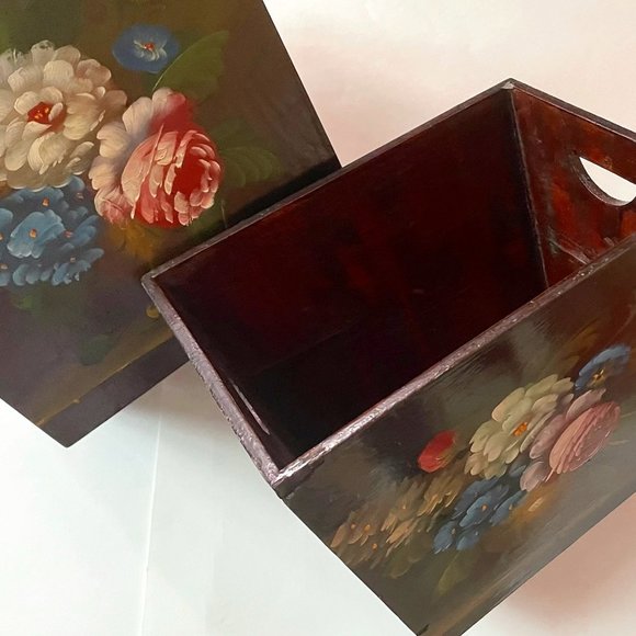 Hand Painted Floral Pair of Wood Buckets Baskets